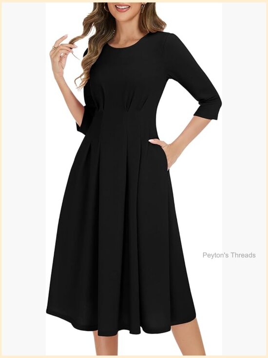 Dresses & Skirts - Vintage Cocktail Dress 3/4 Sleeve A-Line Midi with Pockets Nylon Stretch